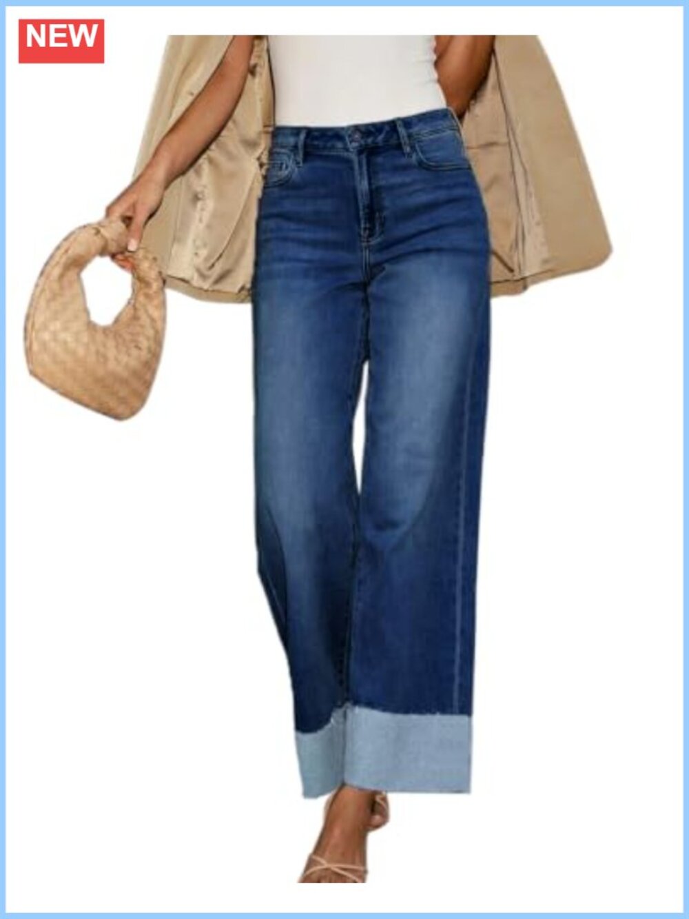 High Waisted Wide Leg Cuffed Jeans for Women Raw Hem Frayed Stretchy Boyfriend